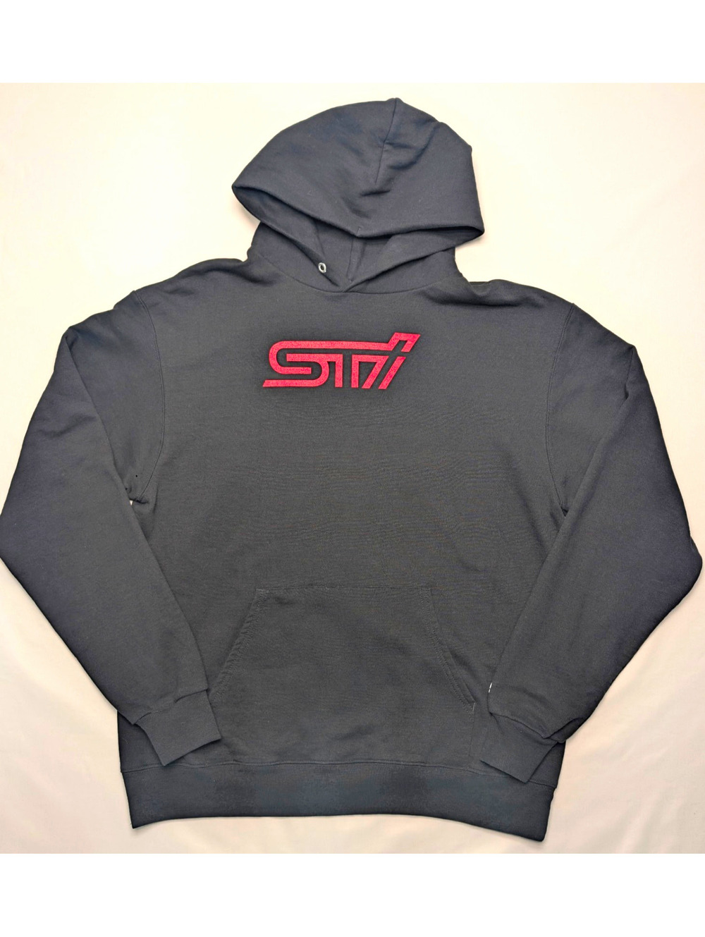 Champion Authentic Athleticwear Black Subaru STI Logo Hooded Sweatshirt Pocket L